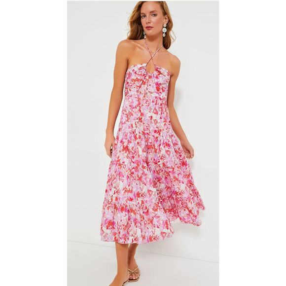 Hyacinth House Fuschia Brushstrokes Aurora Halter Neck Midi Dress Womens Large - Picture 1 of 15